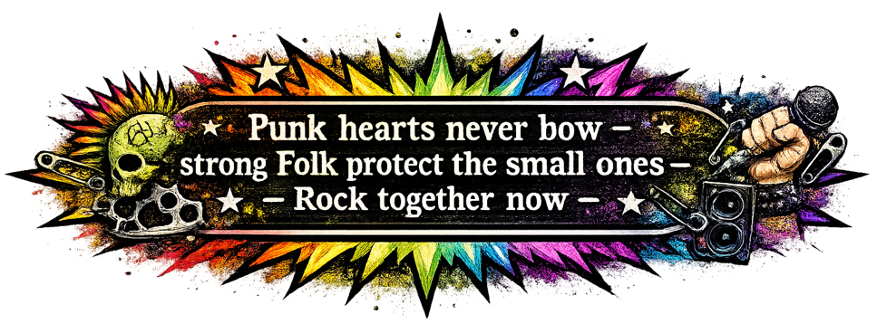 Punk hearts never bow. strong Folk protect the small ones. Rock together now.